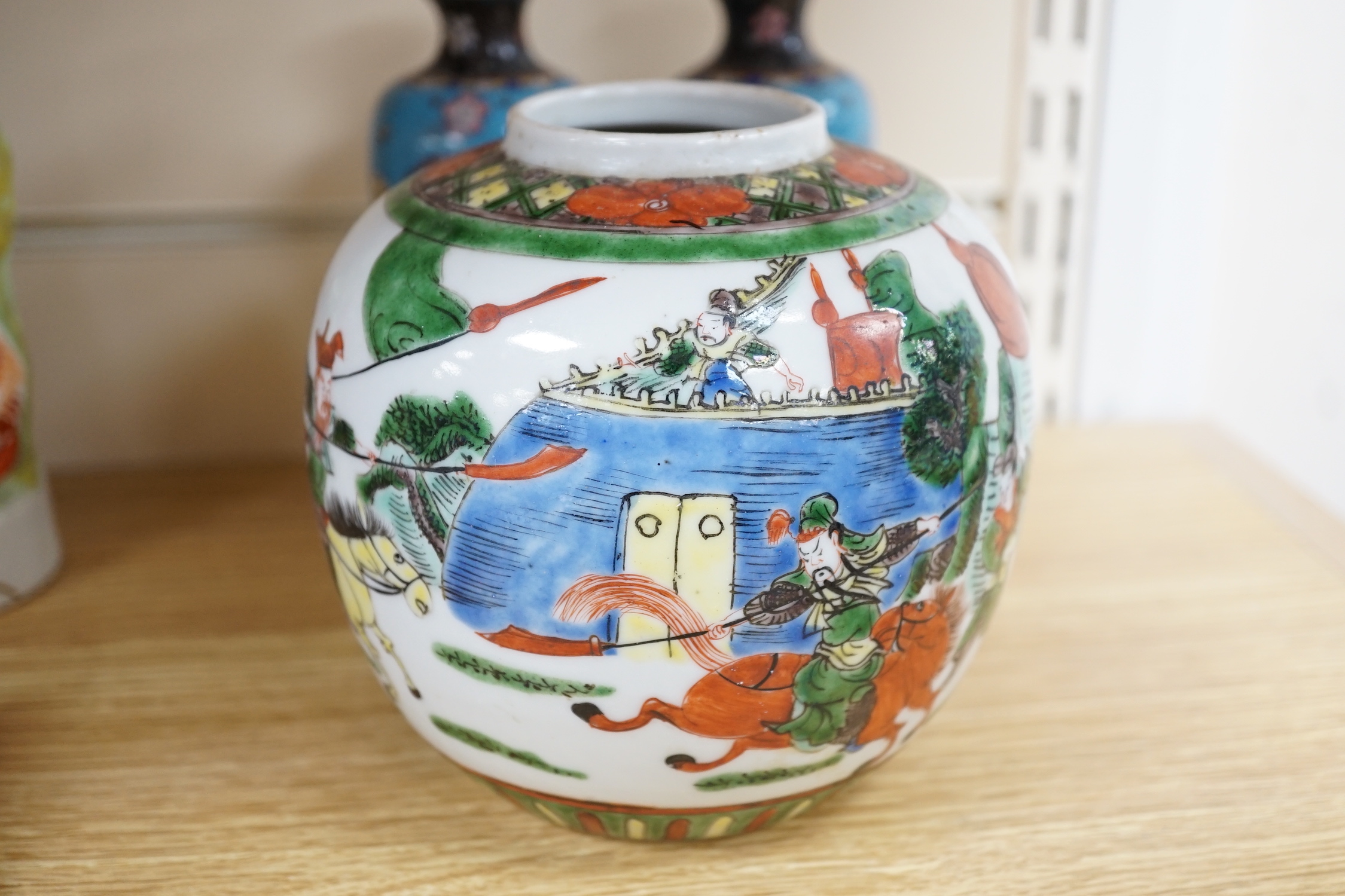 A Satsuma covered pot, a pair of cloisonné enamel vases and a Chinese ginger jar